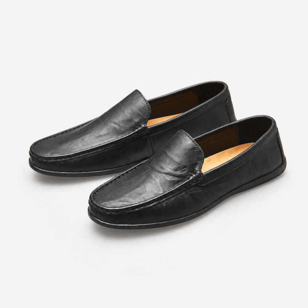 Black Leather Plain Loafers