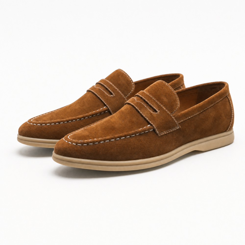 Brown Suede White Stitch Loafers
