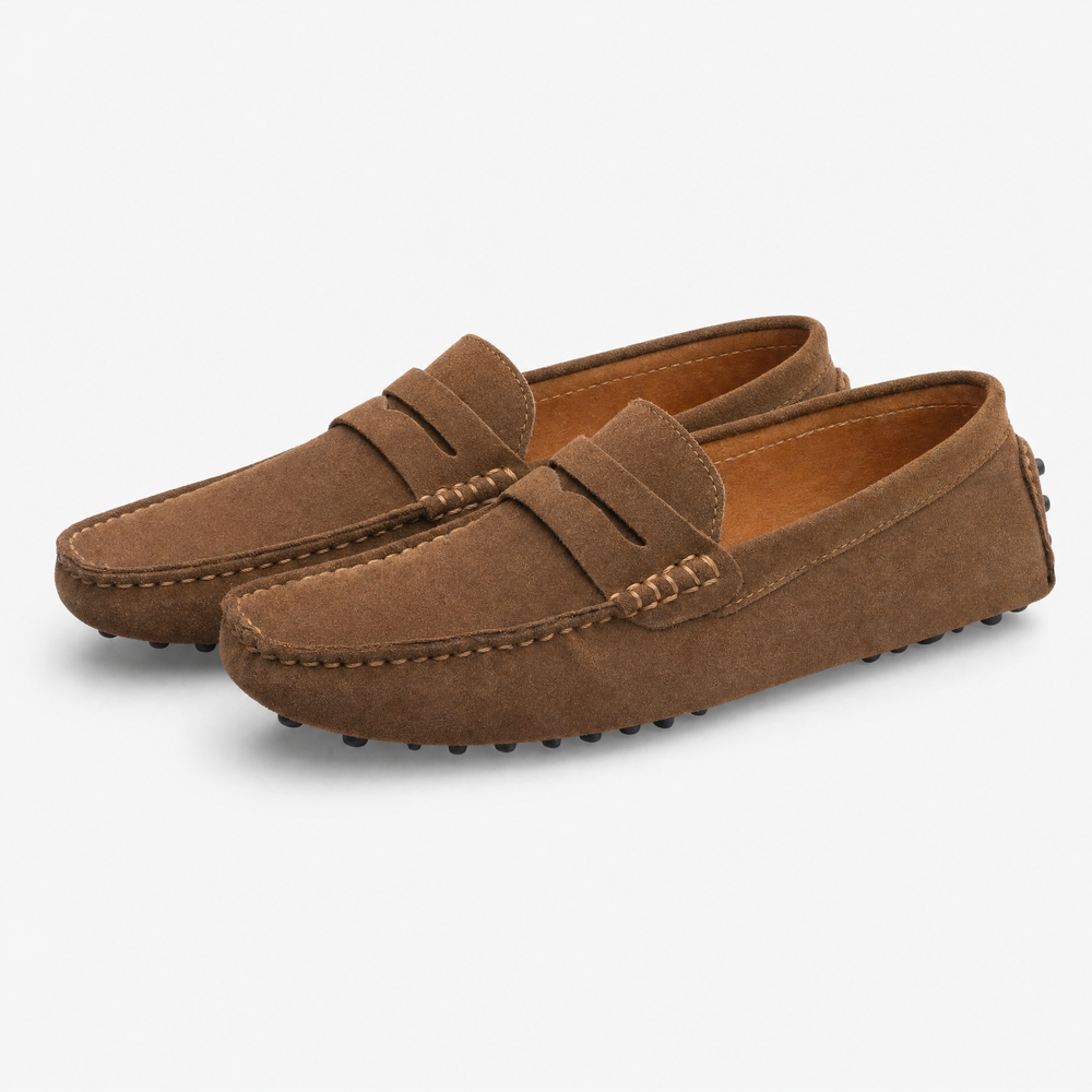 Brown Suede Studded Penny Loafers