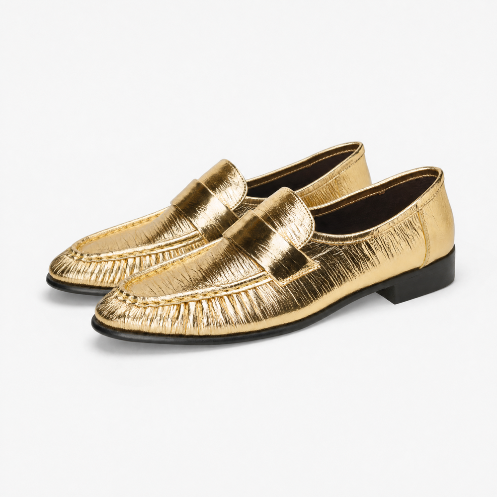 Textured Gold Leather Loafers