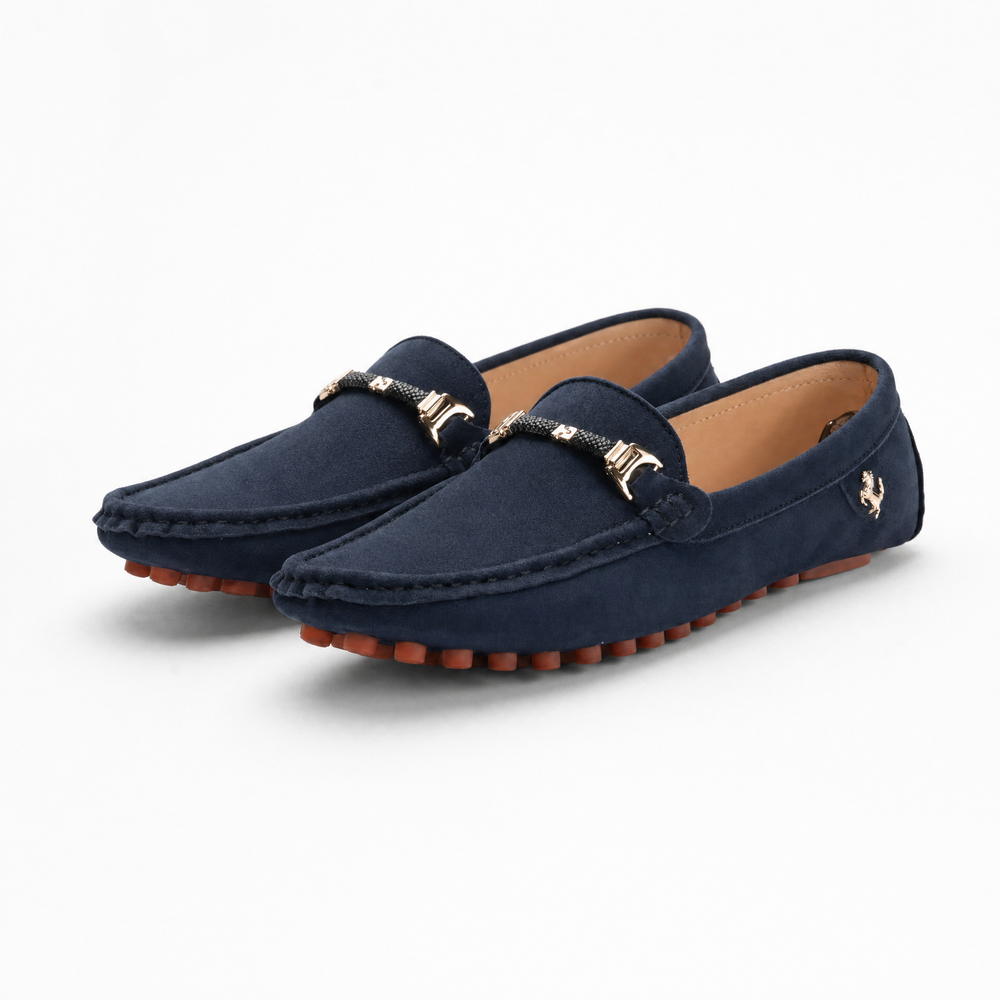 Navy Suede Metal Emblem Loafers