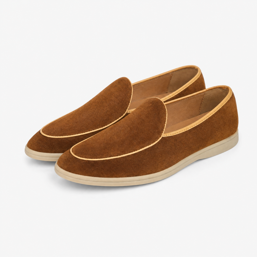 Brown Suede Contrast Piping Loafers