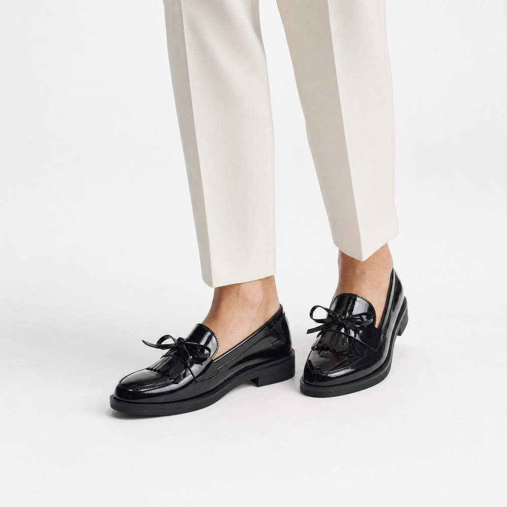 Black Patent Bow Fringe Loafers