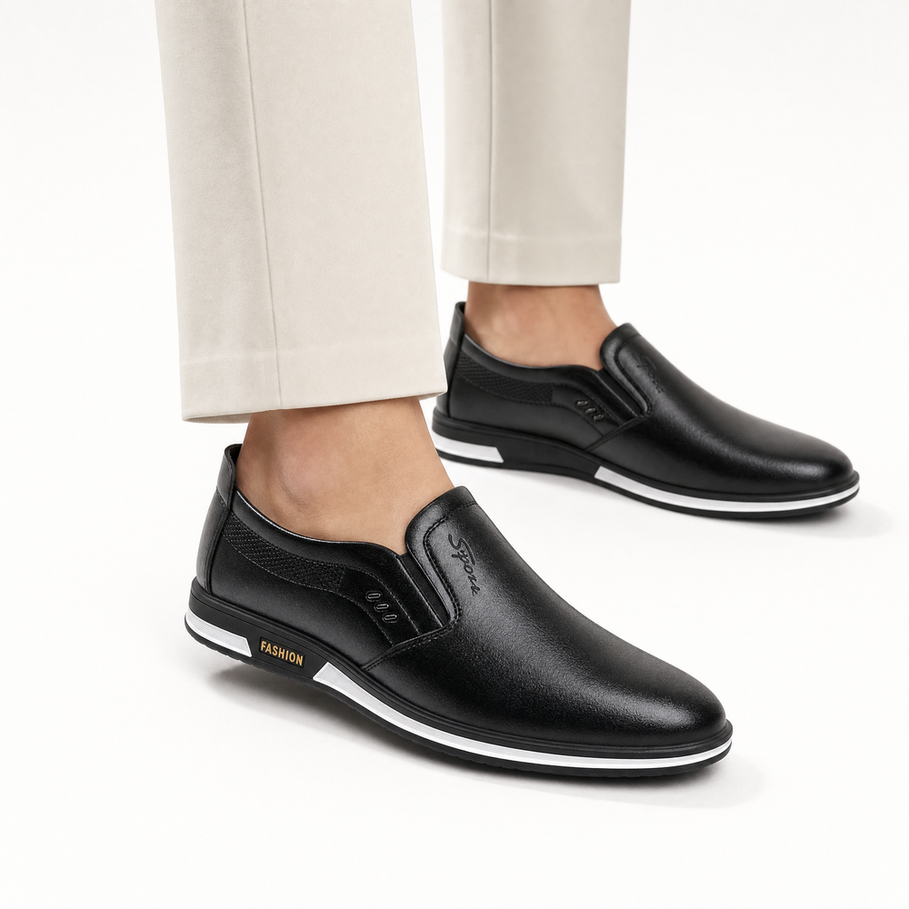 Black Leather White Sole Loafers