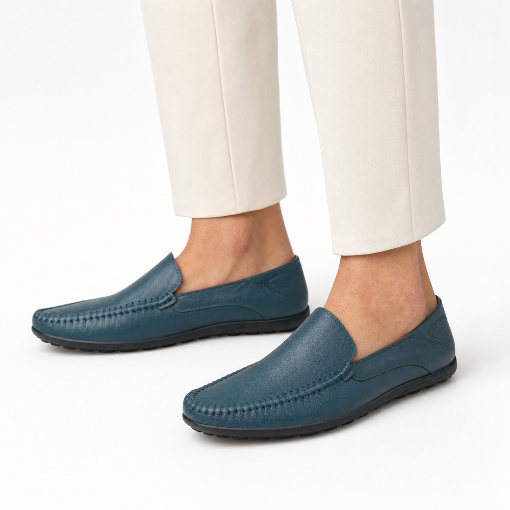 Navy Blue Leather Apron Toe Loafers