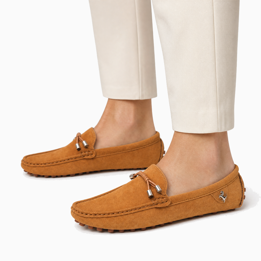 Camel Suede Driving Tie Loafers