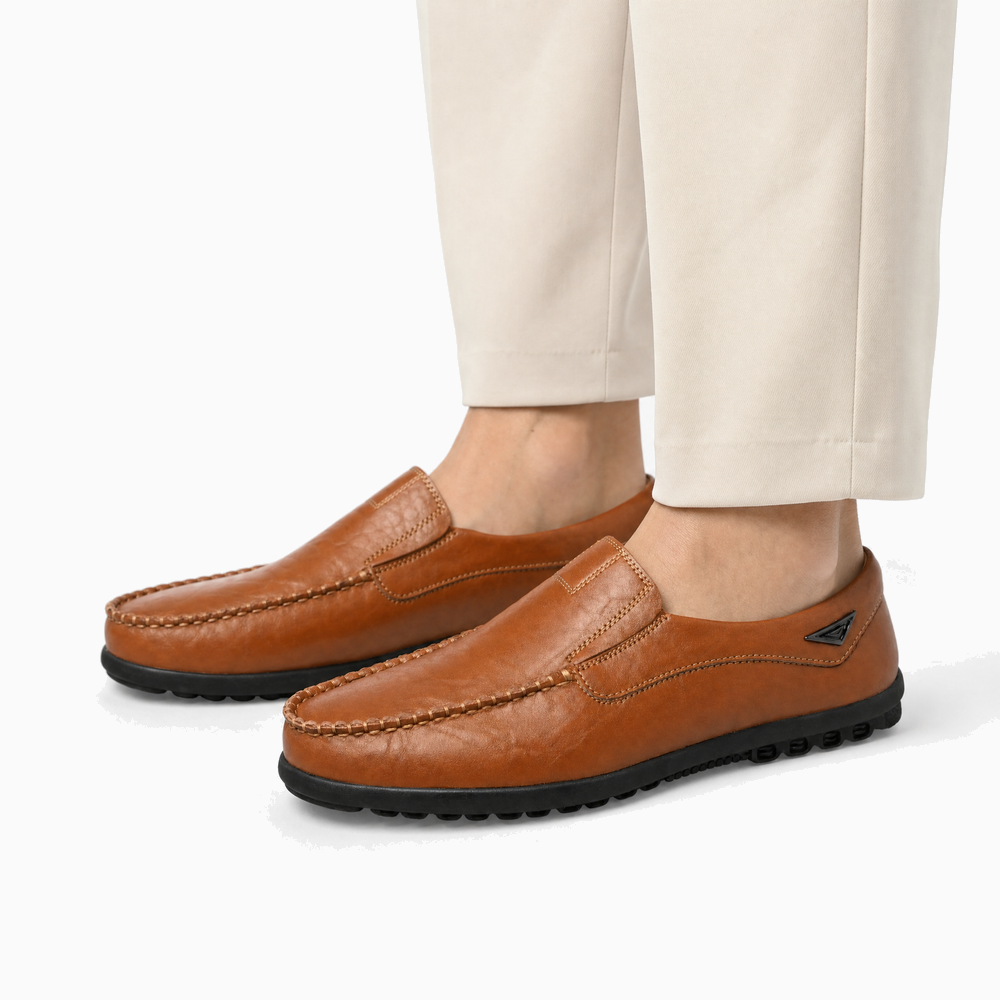 Brown Leather Emblem Stitch Loafers
