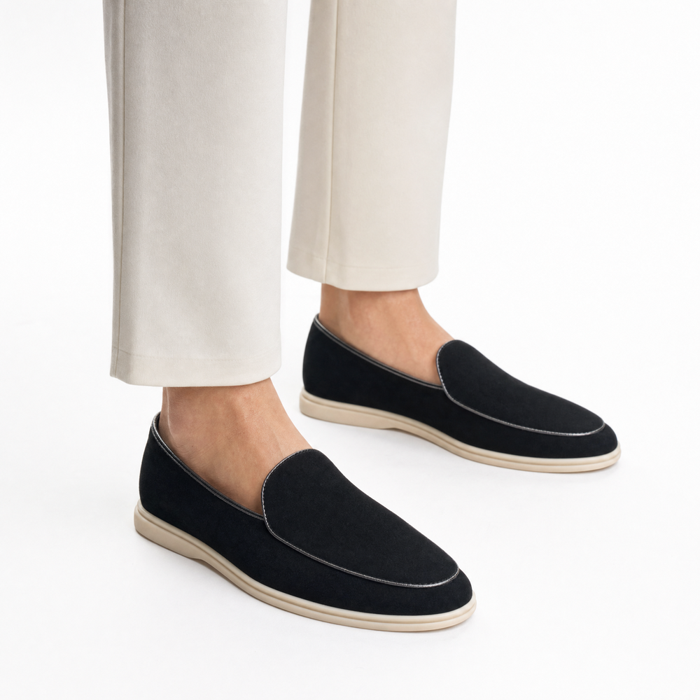 Black Suede Piped Loafers