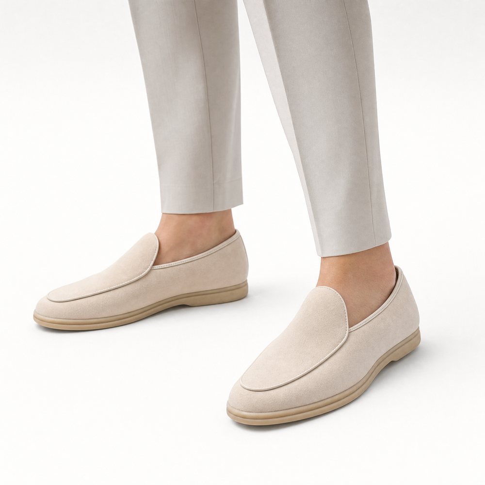 Beige Suede Flat Loafers