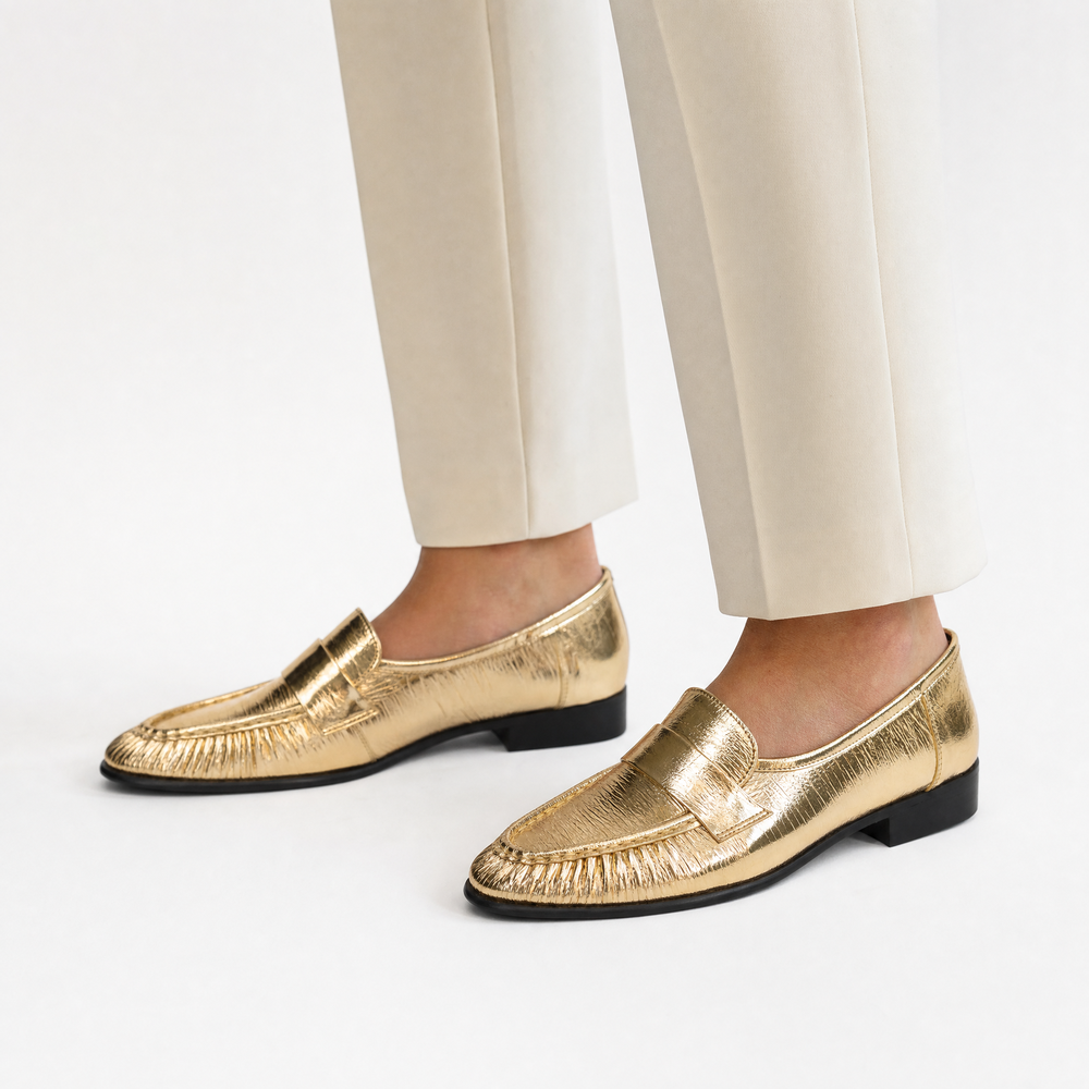 Textured Gold Leather Loafers