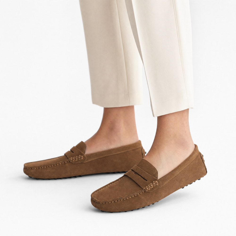 Brown Suede Studded Penny Loafers