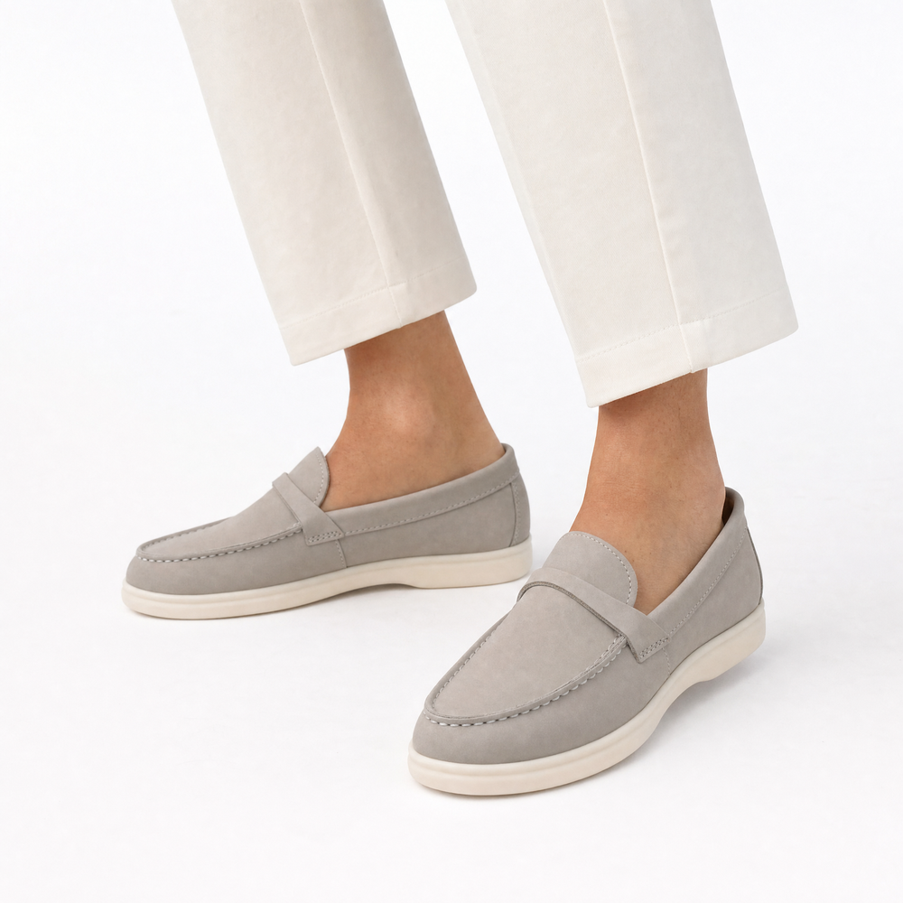 Grey Suede Penny Flat Loafers