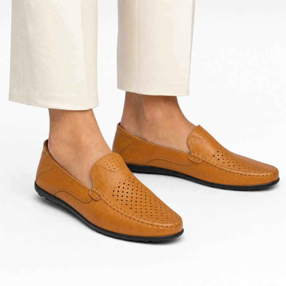 Camel Perforated Slip On Loafers
