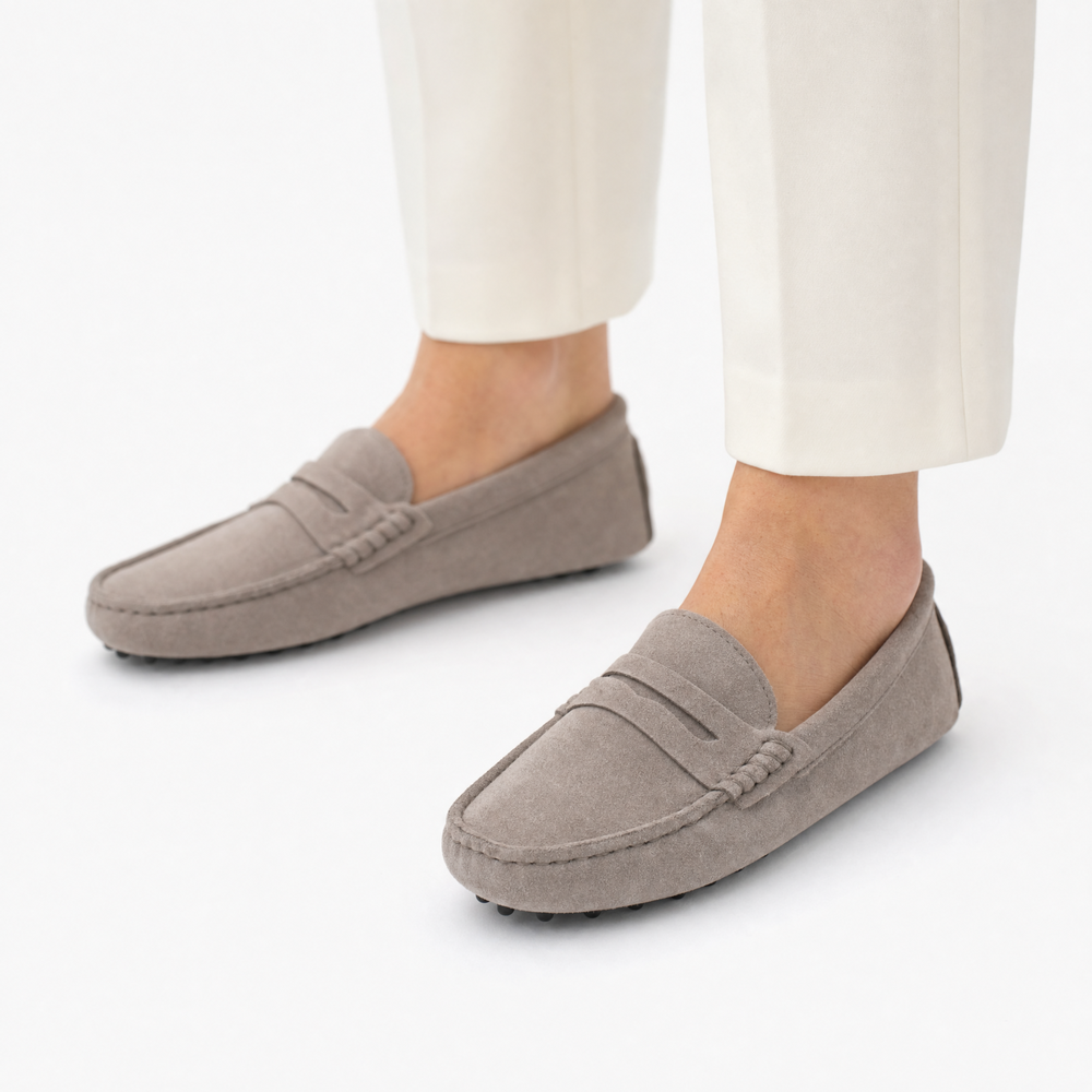 Grey Suede Driving Stitch Loafers