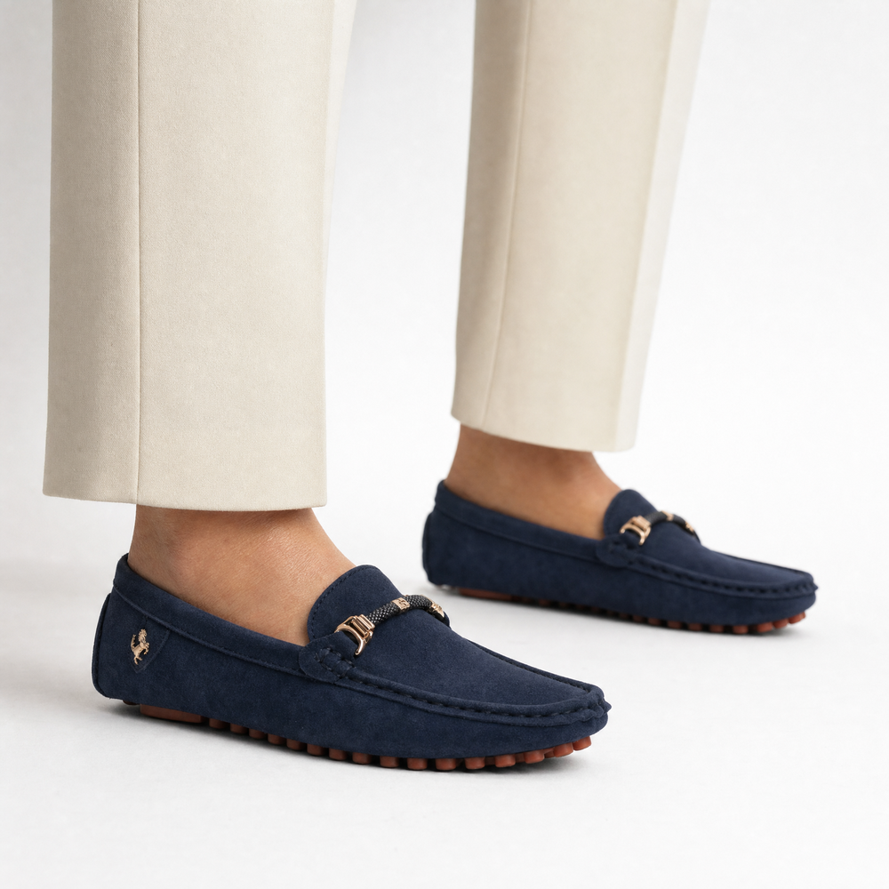 Navy Suede Metal Emblem Loafers