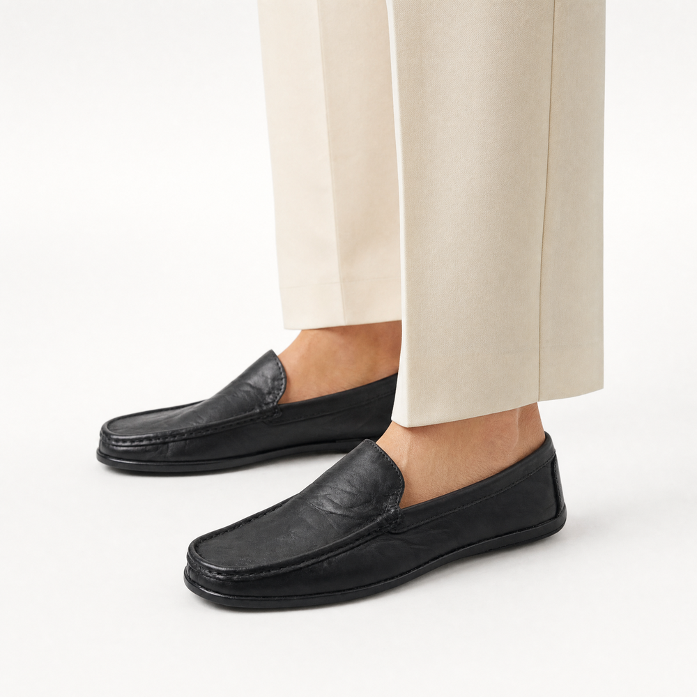 Black Leather Plain Loafers