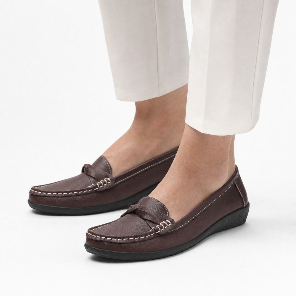 Brown Leather Chain Wedge Loafers