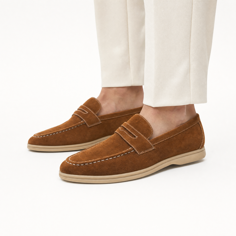 Brown Suede White Stitch Loafers