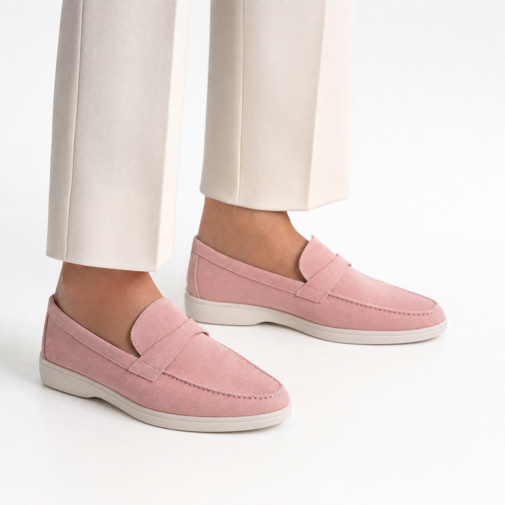 Pink Suede Penny Loafers