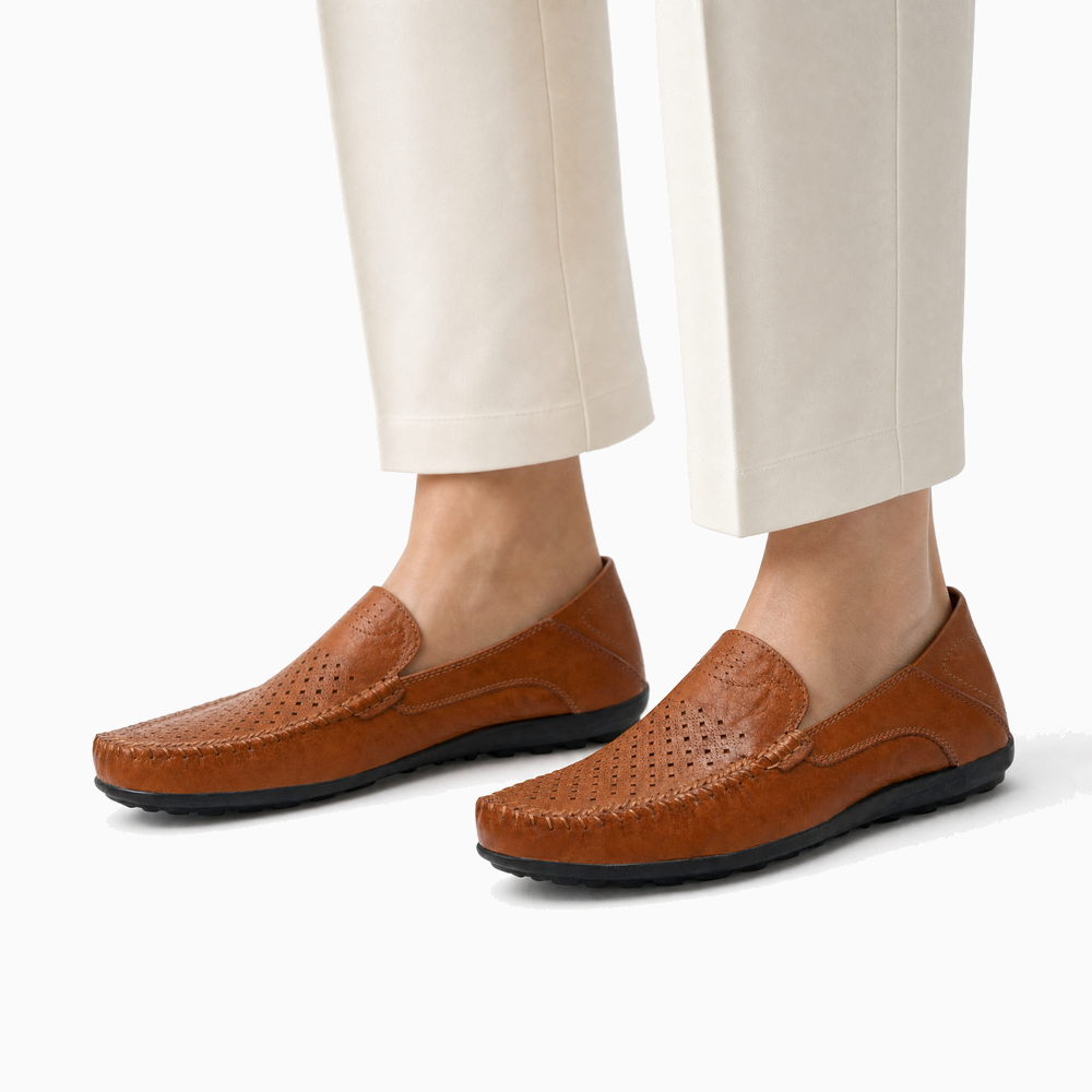 Brown Perforated Slip On Loafers