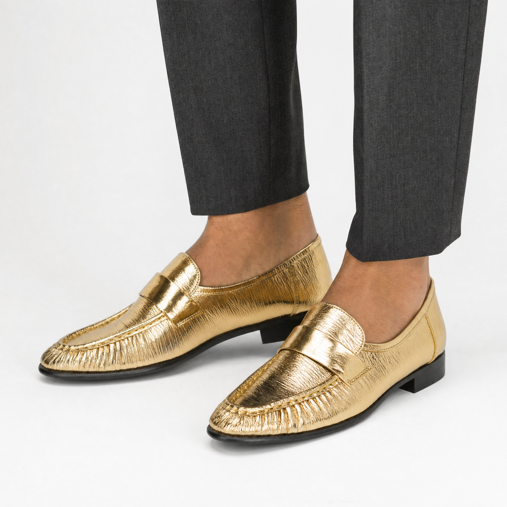 Textured Gold Leather Loafers