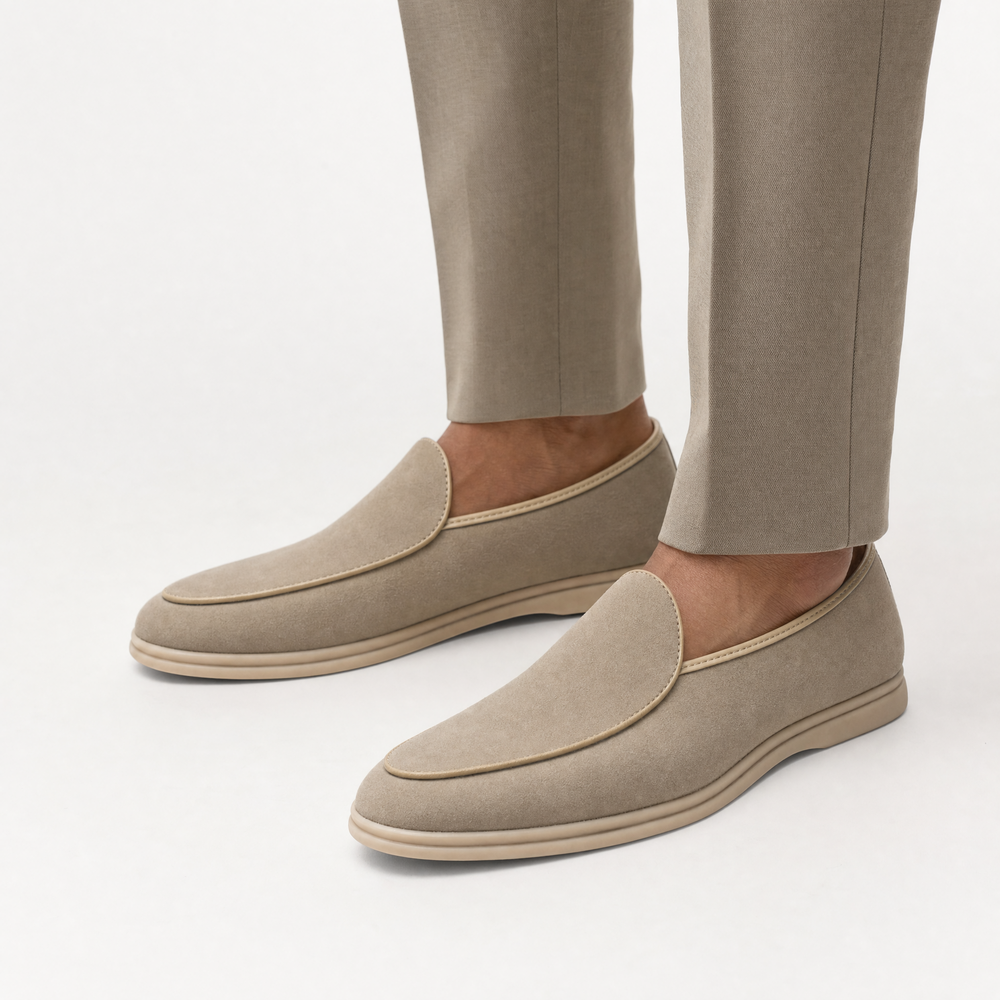 Beige Suede Slip On Loafers