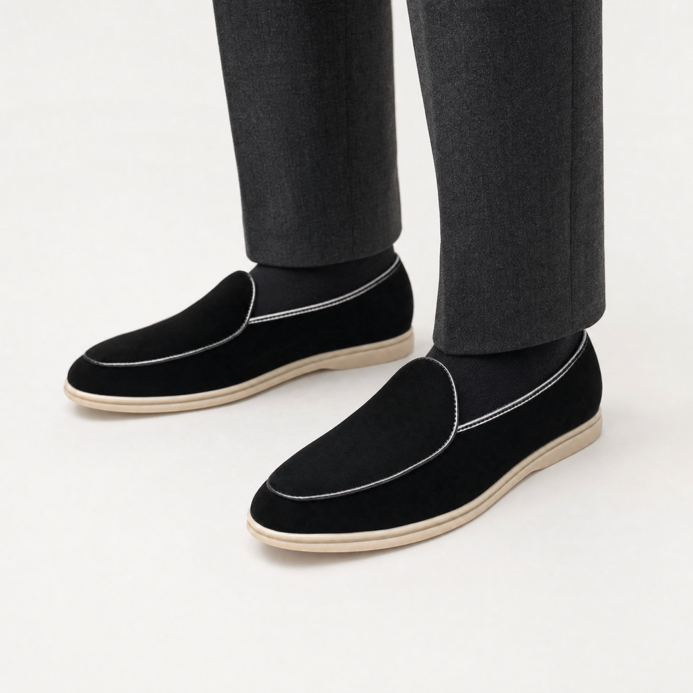 Black Suede Piped Loafers