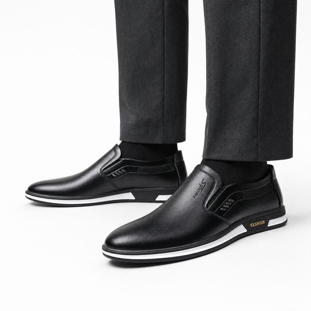 Black Leather White Sole Loafers
