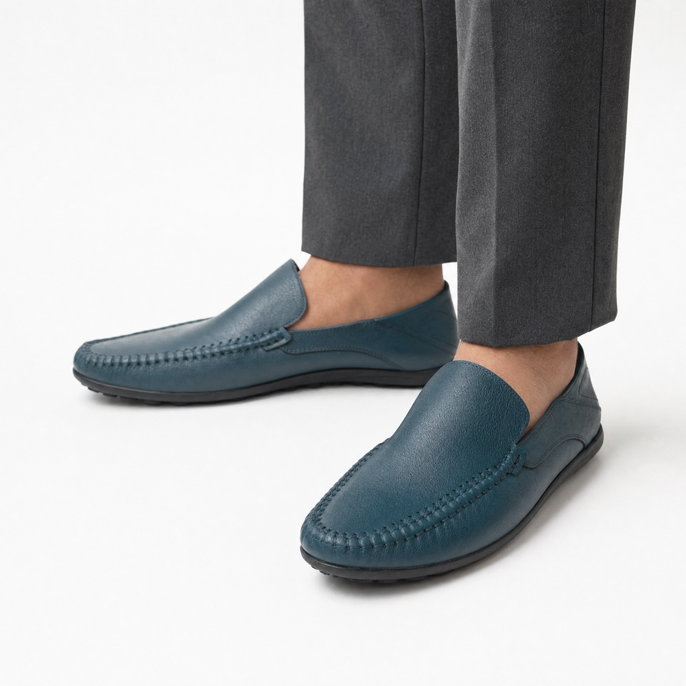 Navy Blue Leather Apron Toe Loafers