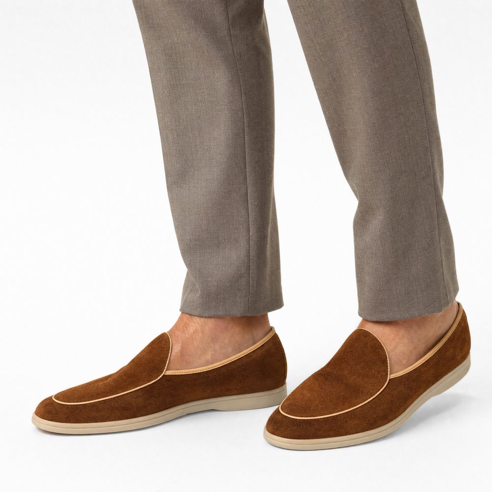 Brown Suede Contrast Piping Loafers