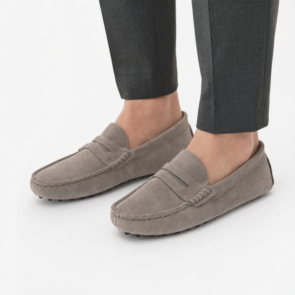 Grey Suede Driving Stitch Loafers