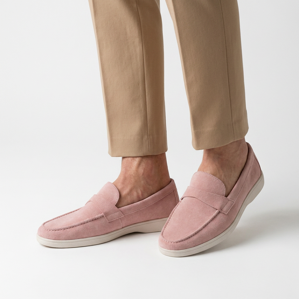 Pink Suede Penny Loafers