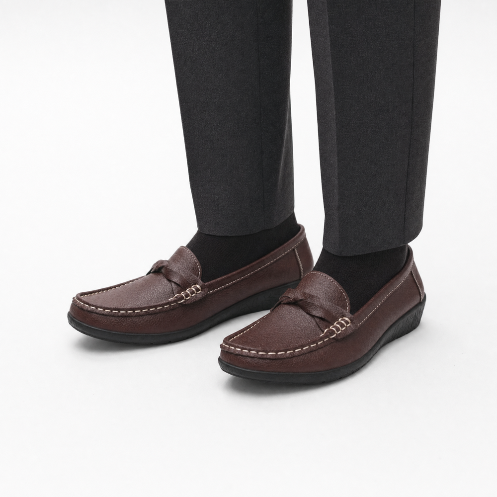 Brown Leather Chain Wedge Loafers