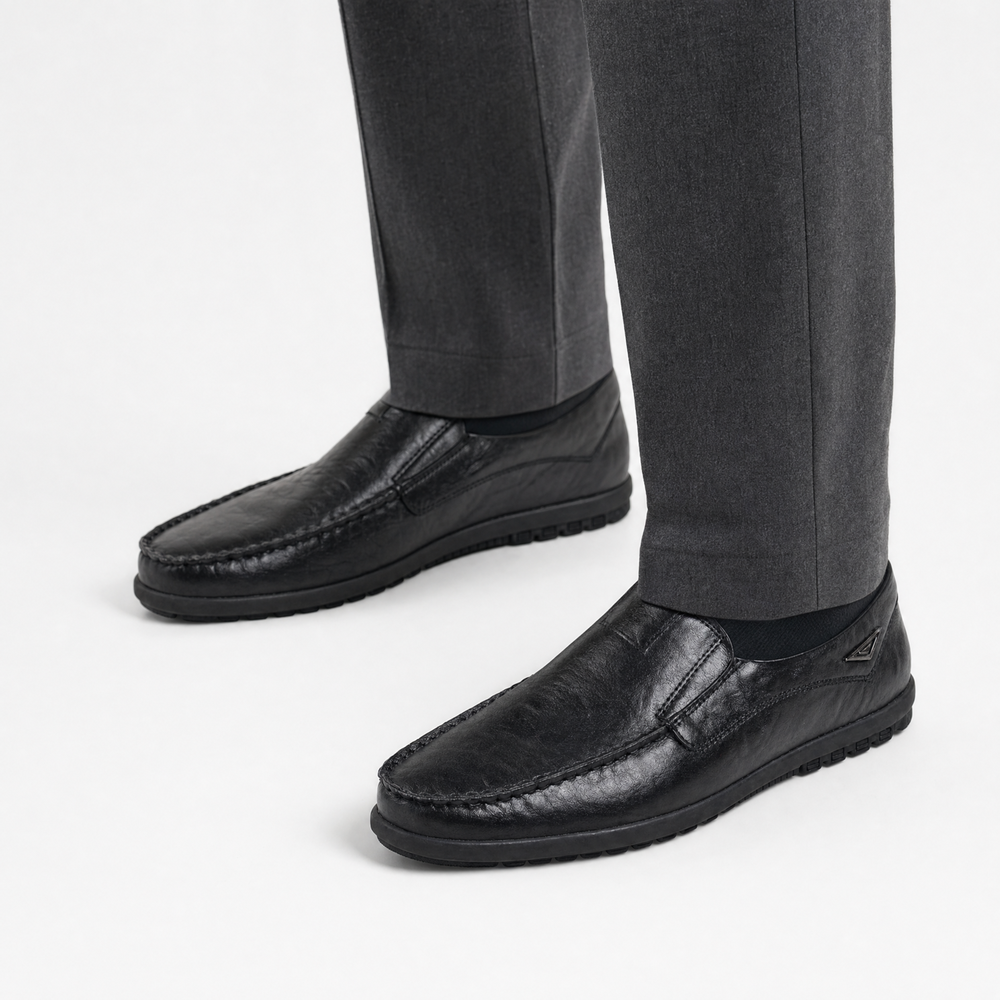 Black Leather Metal Accent Loafers
