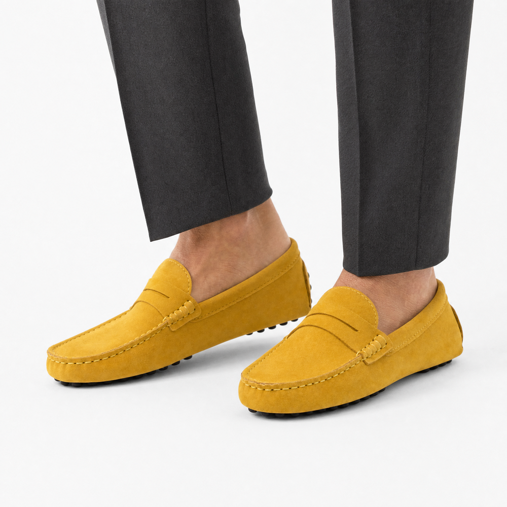Yellow Suede Penny Boat Loafers