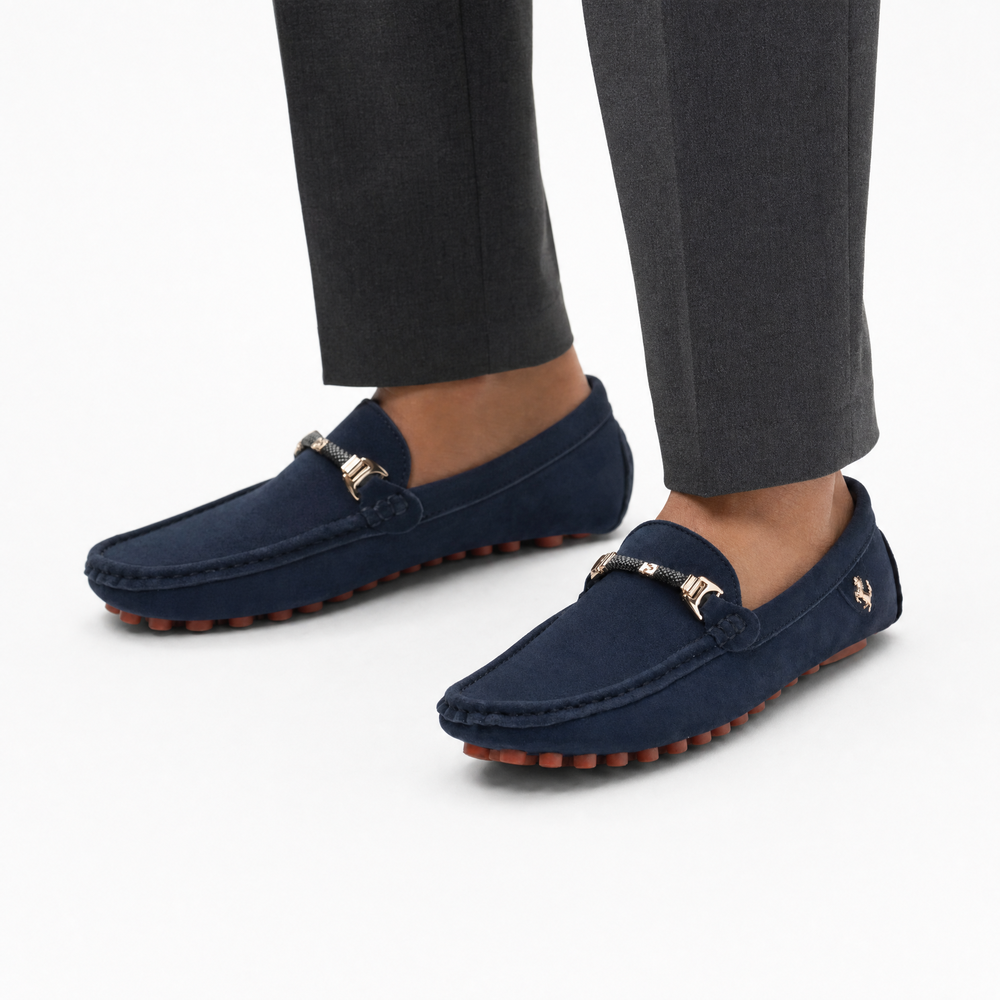 Navy Suede Metal Emblem Loafers