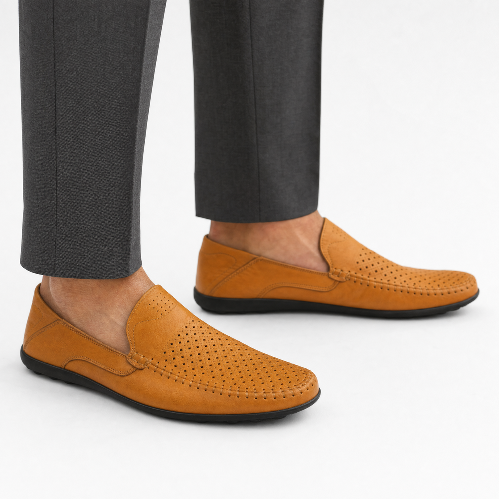 Camel Perforated Slip On Loafers