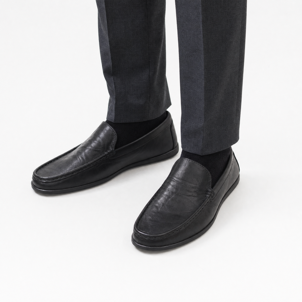 Black Leather Plain Loafers