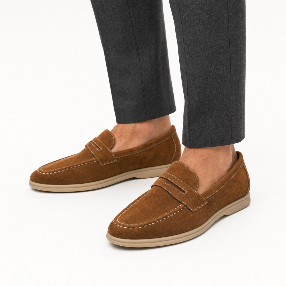 Brown Suede White Stitch Loafers