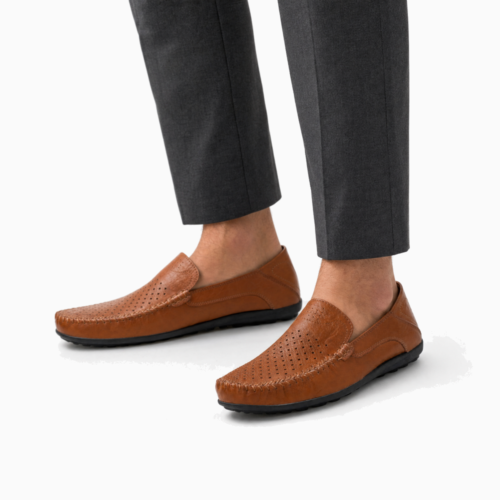 Brown Perforated Slip On Loafers
