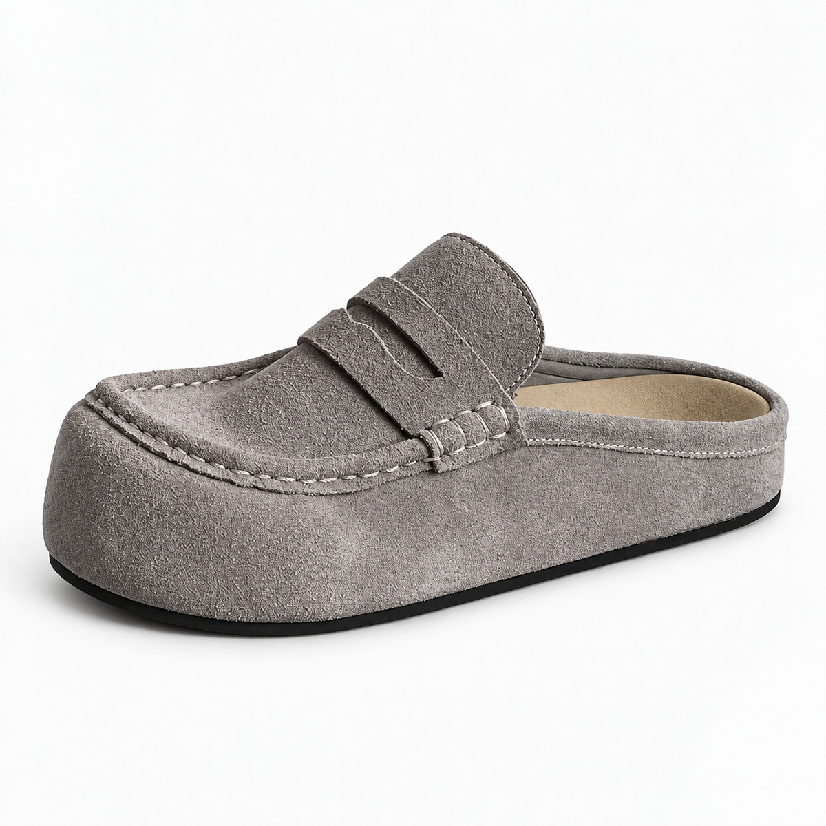 Backless Platform Suede Loafers Grey