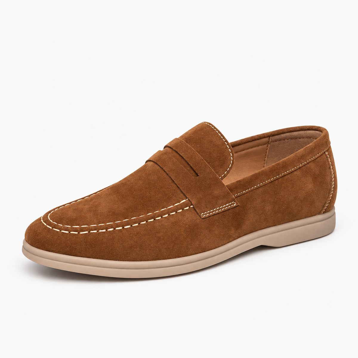 Brown Suede White Stitch Loafers
