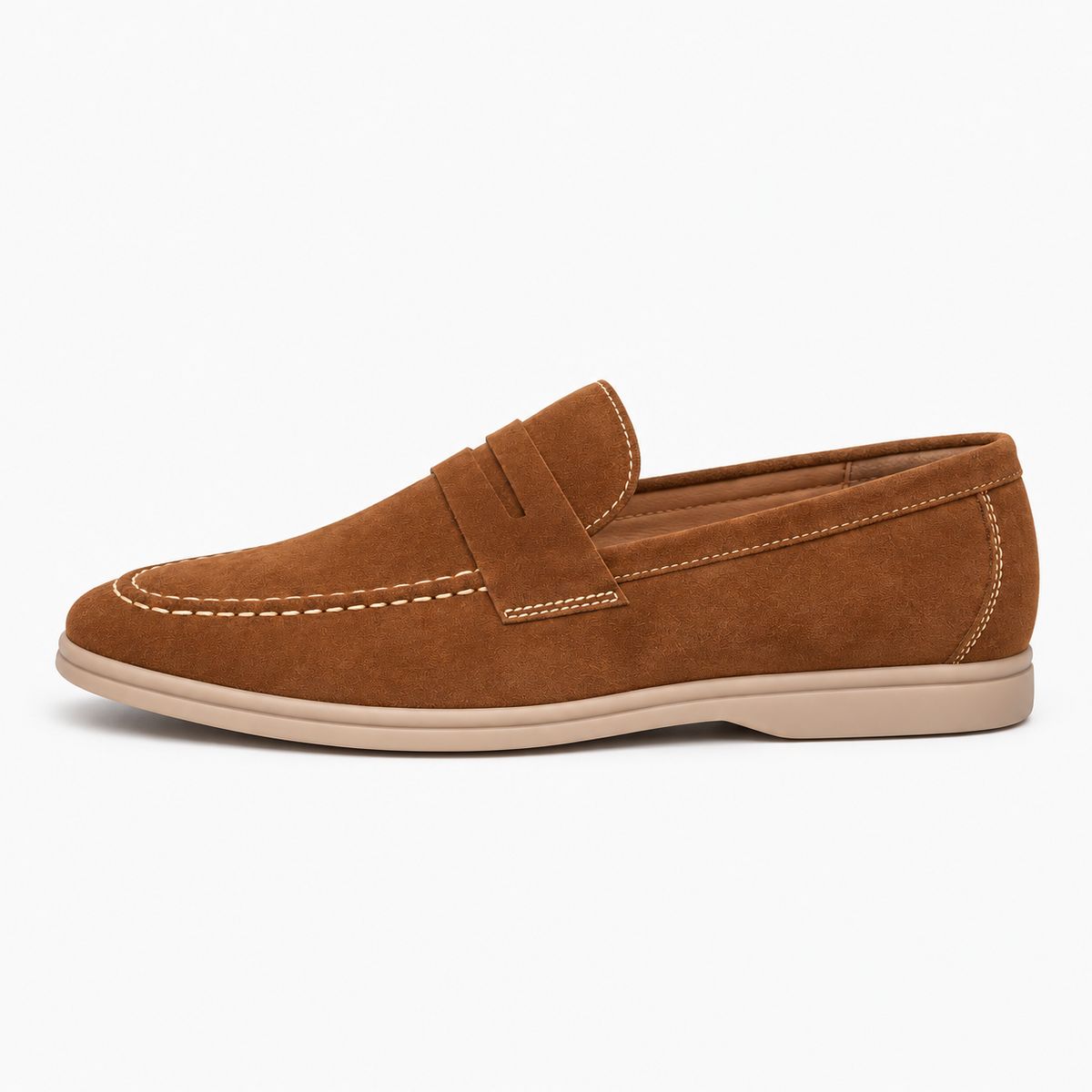 Brown Suede White Stitch Loafers