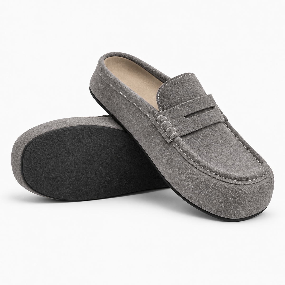Backless Platform Suede Loafers Grey