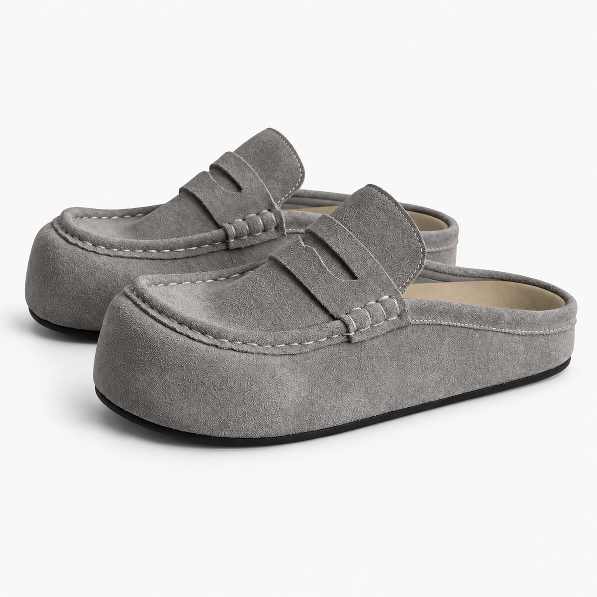 Backless Platform Suede Loafers Grey