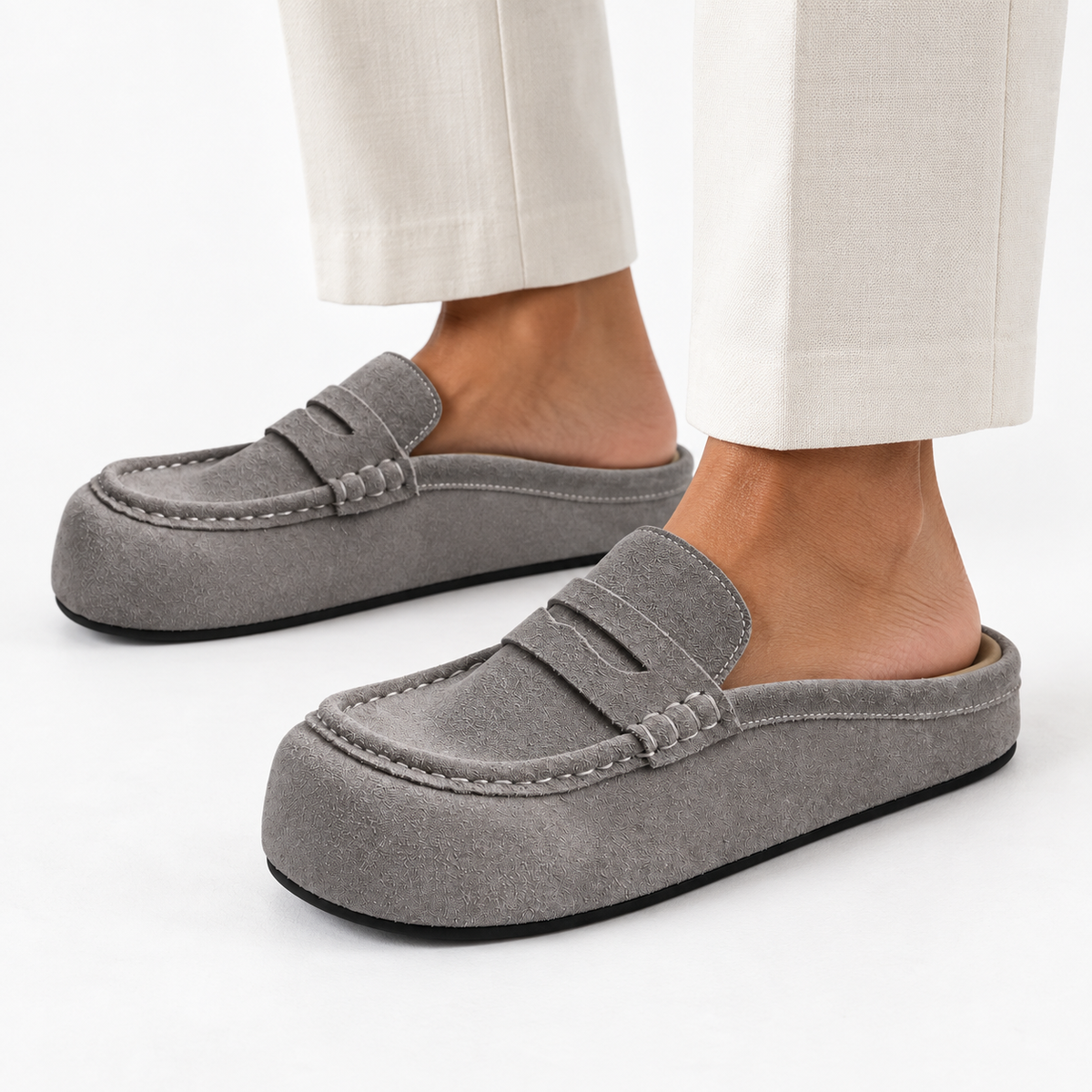 Backless Platform Suede Loafers Grey