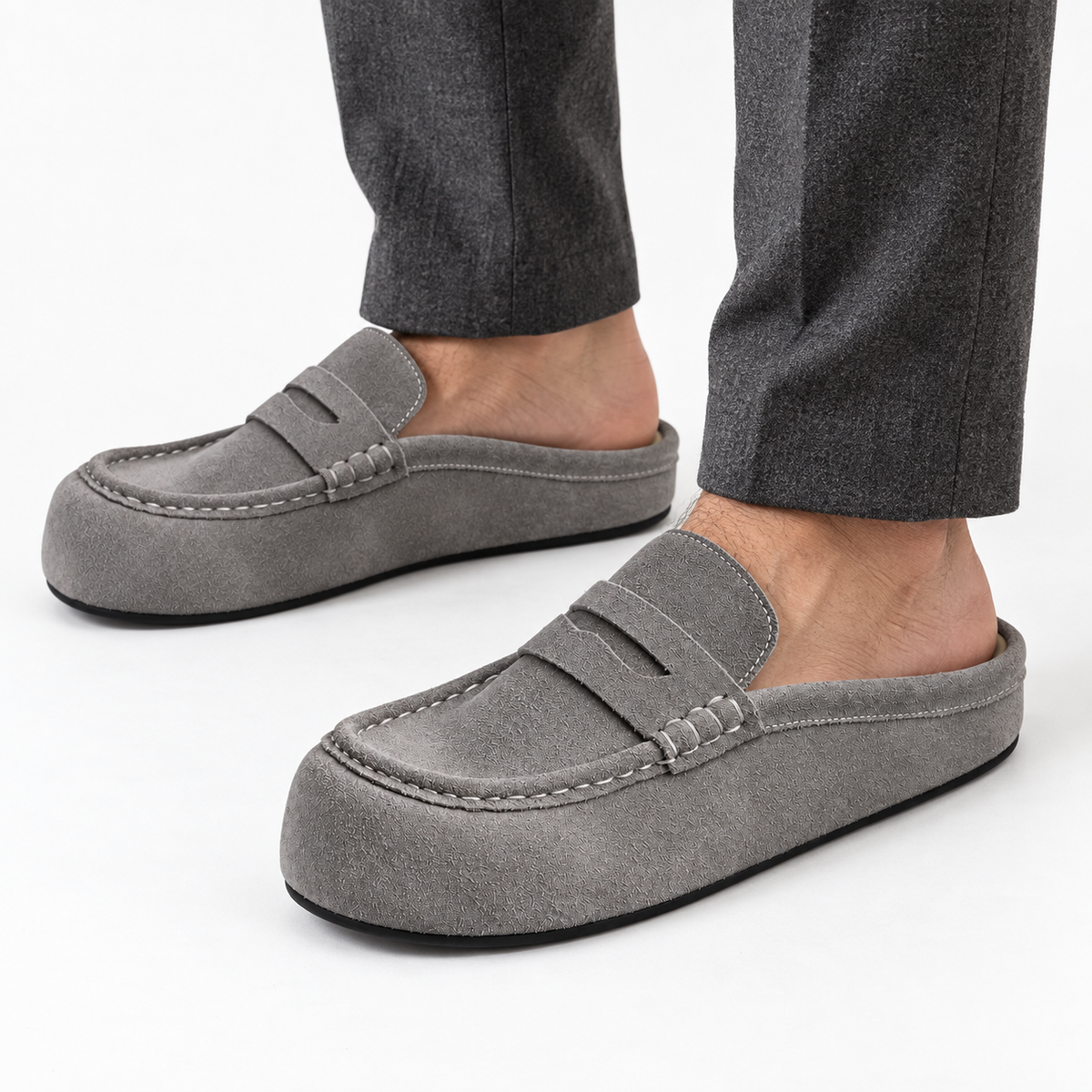 Backless Platform Suede Loafers Grey