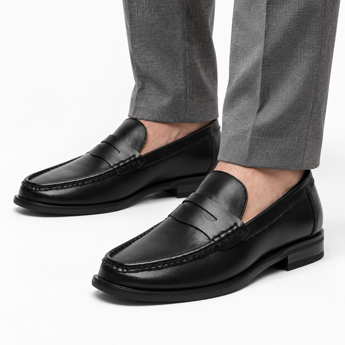 Black Penny Loafers Heeled Block