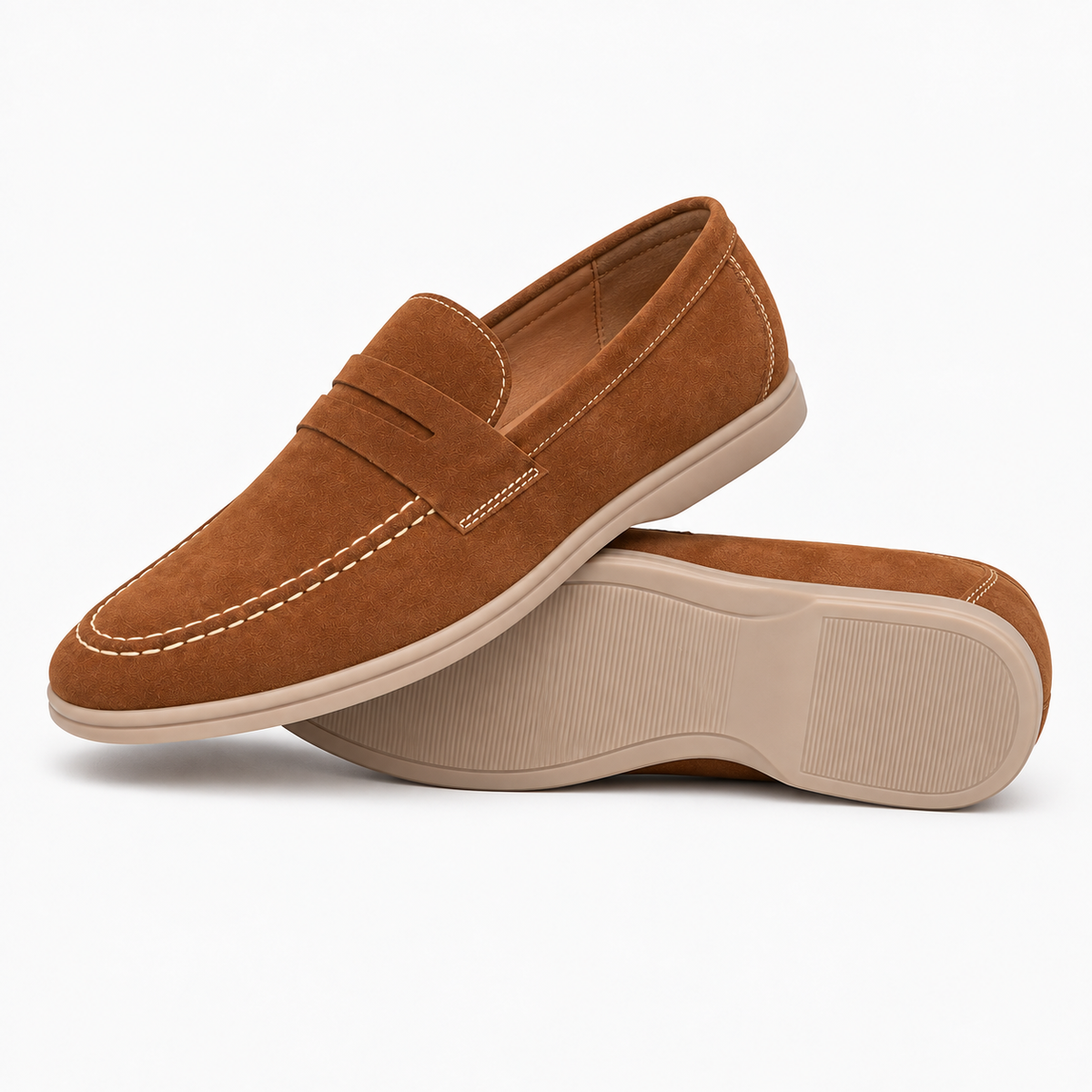 Brown Suede White Stitch Loafers