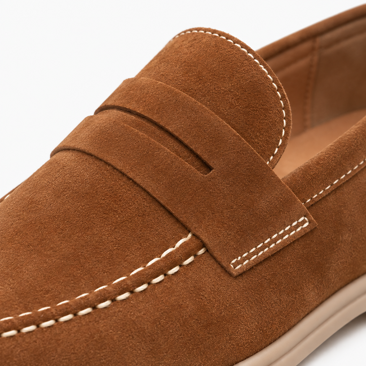 Brown Suede White Stitch Loafers